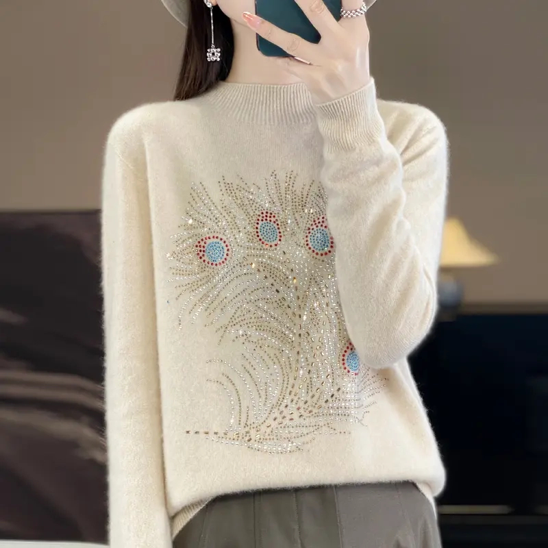 【100羊毛】秋冬新款羽毛烫钻女半高纯色衫内搭百搭