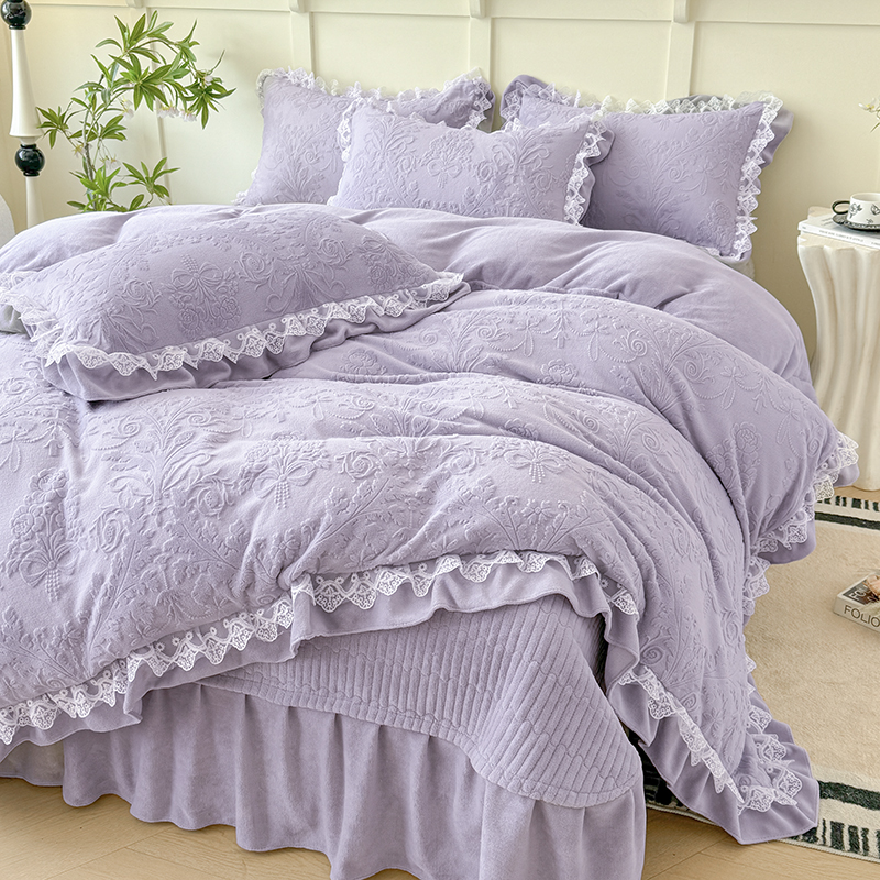 新款法式公主风雕花牛奶绒四件套床盖款冬季加厚保暖被套夹棉床单
