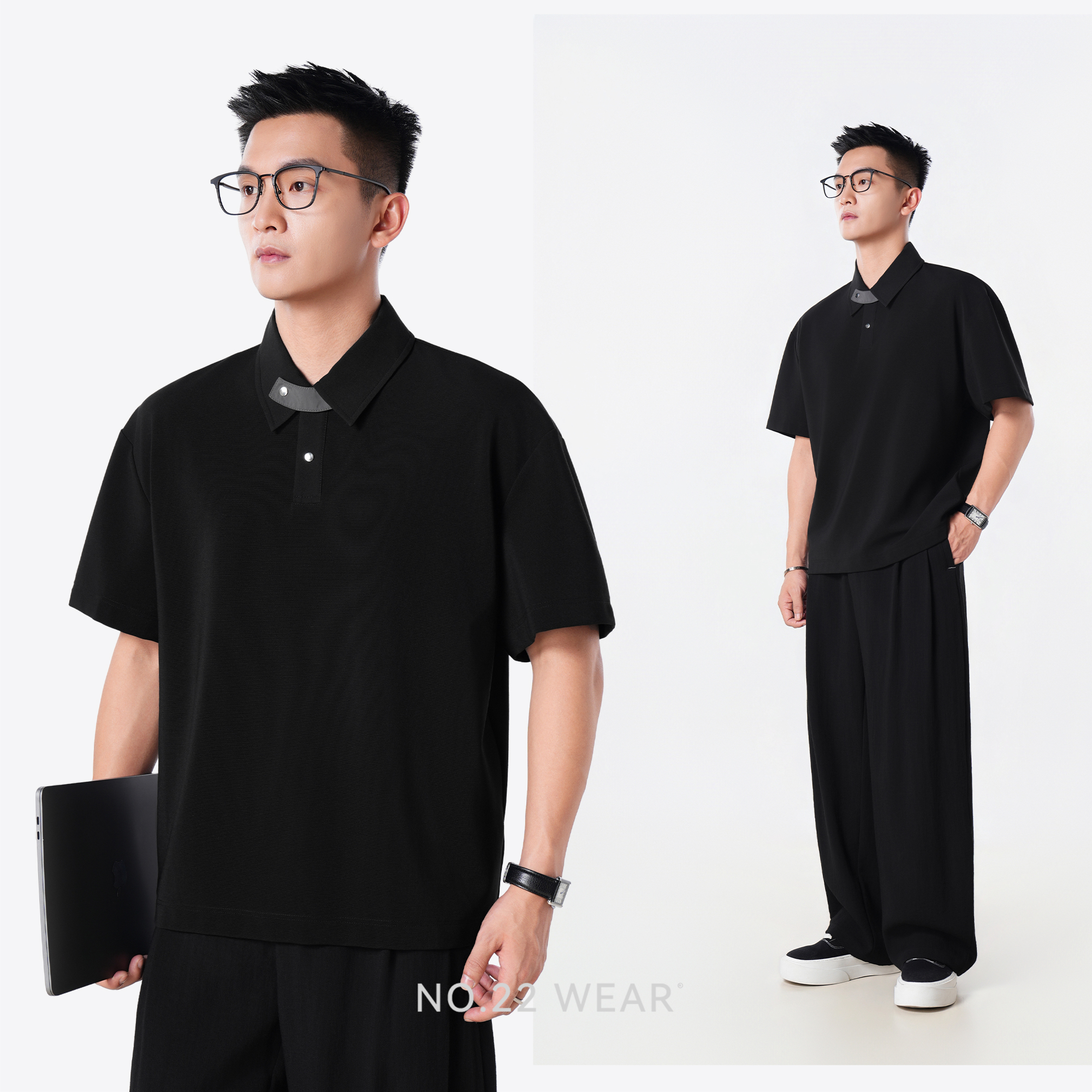 二十二号穿搭【总裁的夏日】夏季高级感翻领金属扣设计款POLO短袖男