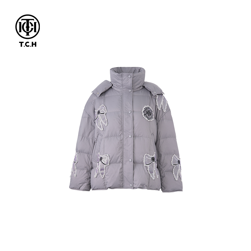 TCH潮牌潮牌蝴蝶结烫钻保暖冬季百搭连帽羽绒服外套T72D198071