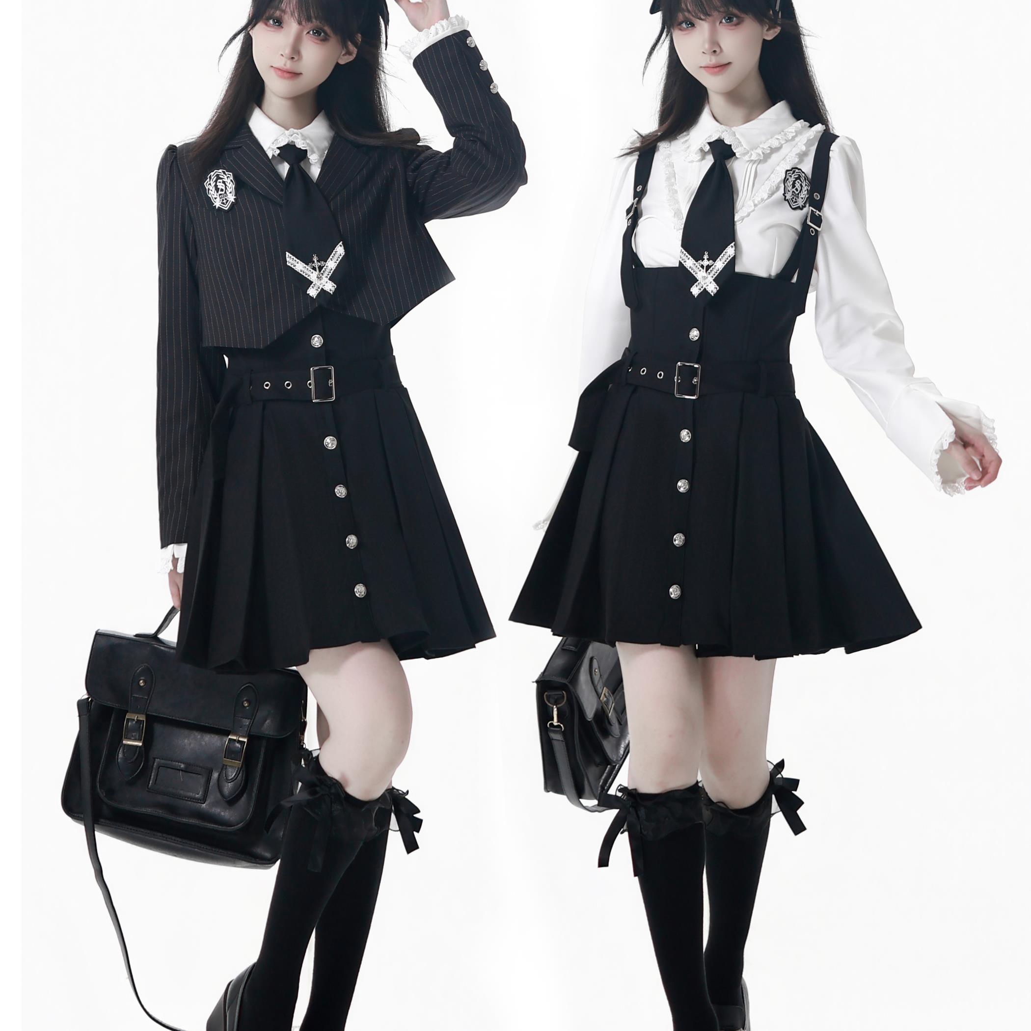 PINKSAVIOR【黑潮之海】黑灰学院收腰西服衬衫背带裙显瘦学姐套装