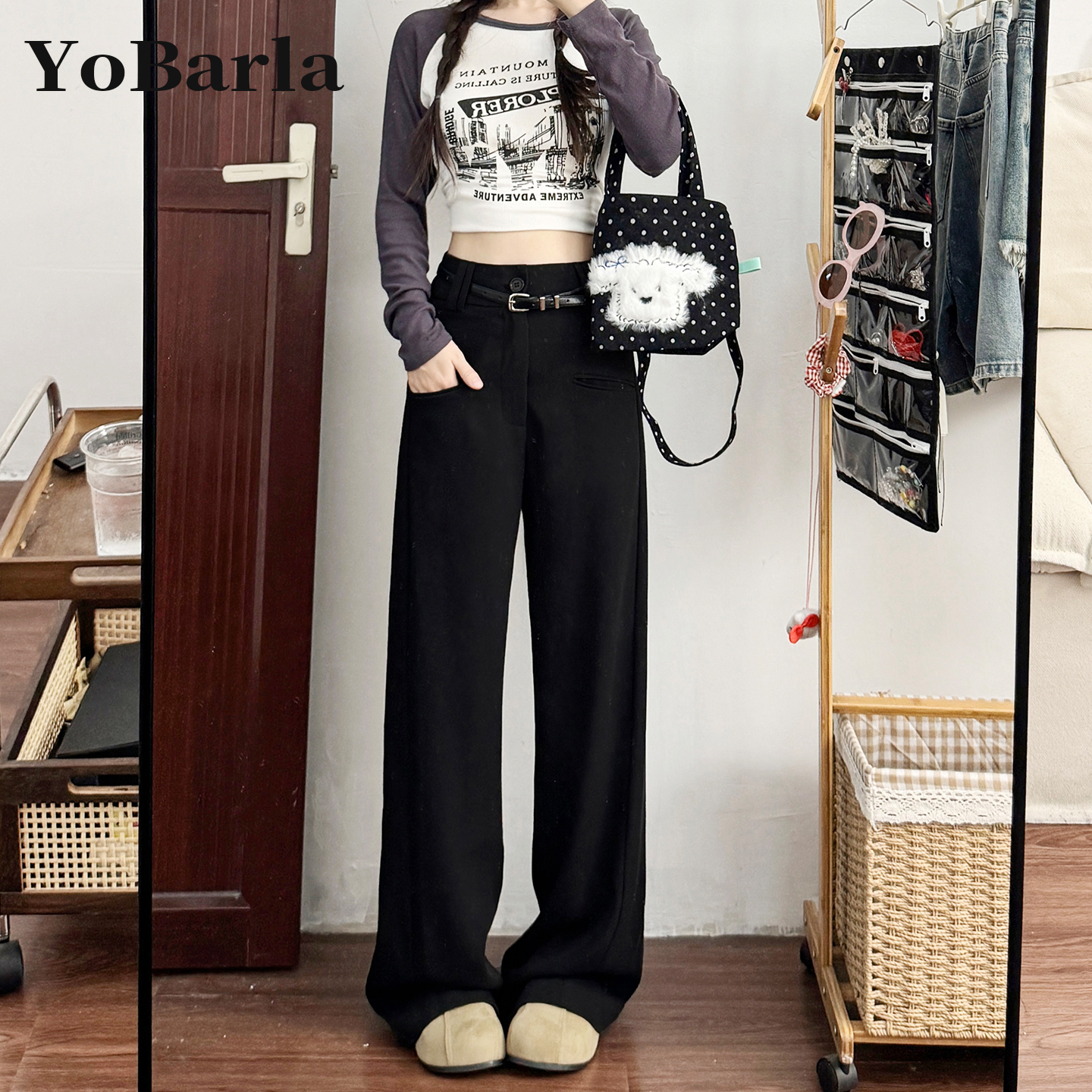 黑色休闲直筒西装裤女秋冬新款胖mm大码宽松显瘦梨形身材阔腿裤子