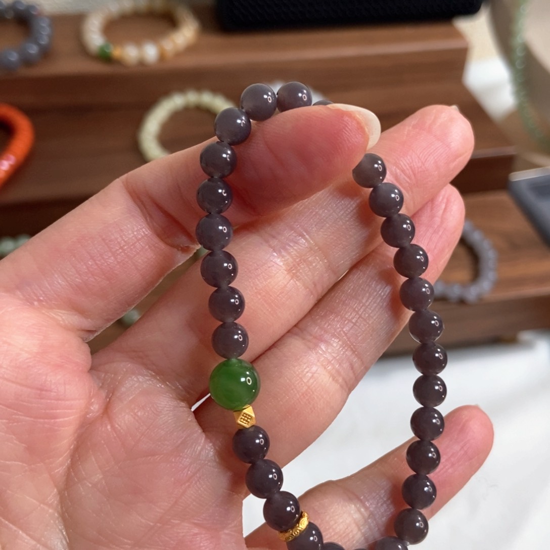 和田玉手链银S925镶嵌5.8mm深烟紫