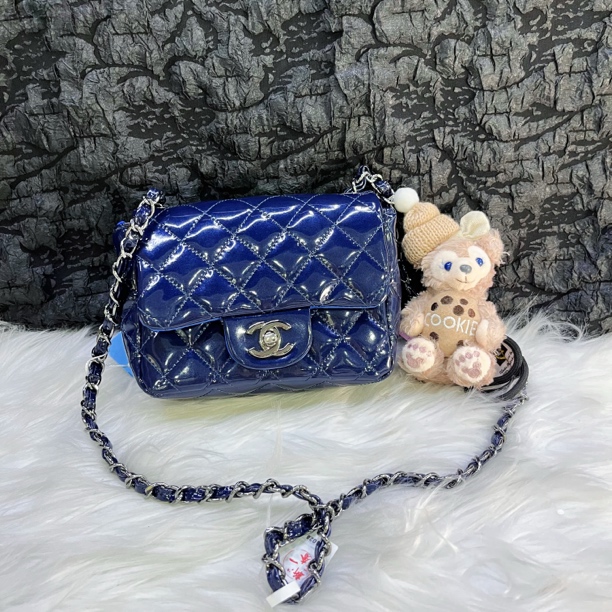 95新 Chanel/香奈儿 午夜蓝漆面方胖子斜挎包