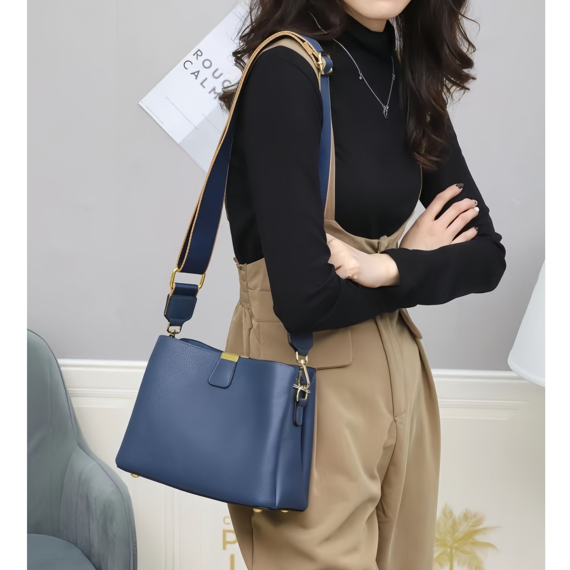 【Yì CHEN】SLBL-6677-宝蓝色 简约时尚女士新款轻奢单肩斜跨包