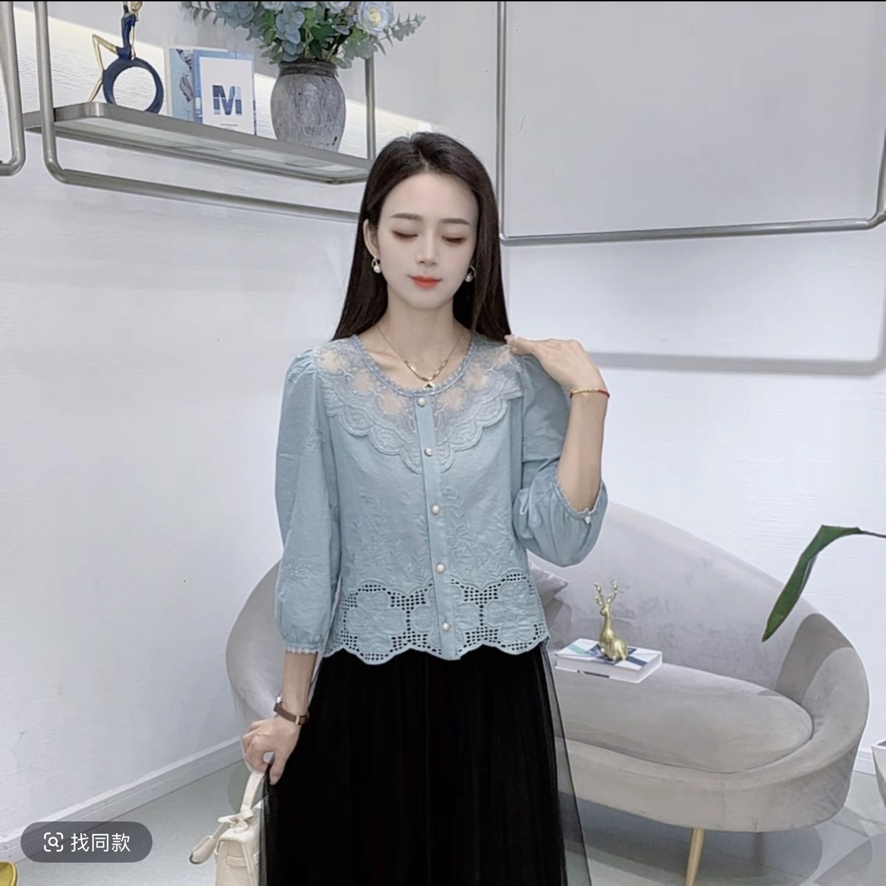 早秋时尚蕾丝提花七分袖衬衫2025年女士新款气质减龄上衣显瘦遮肉