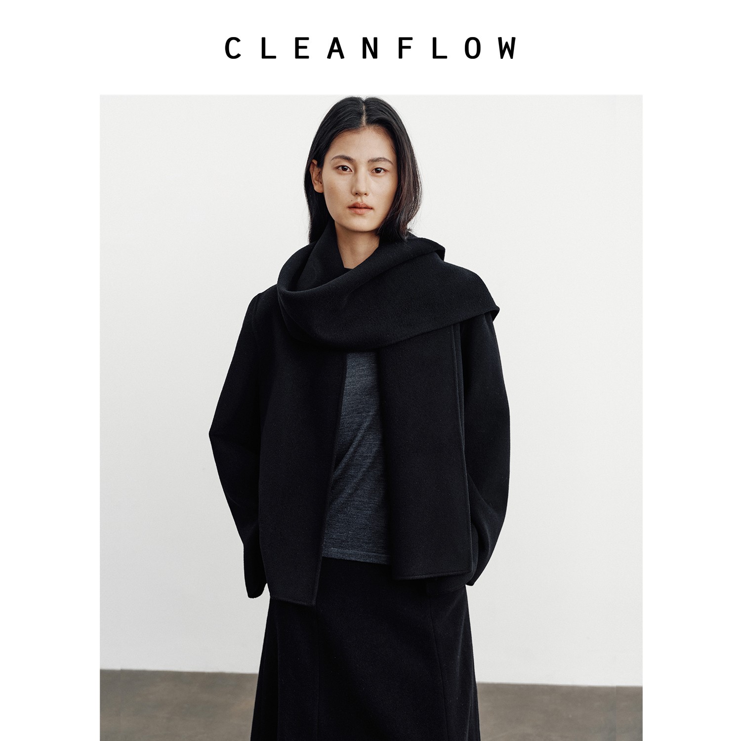 CLEANFLOW | 黑色羊绒短款圆领大衣女小个子2024冬季新款毛呢外套
