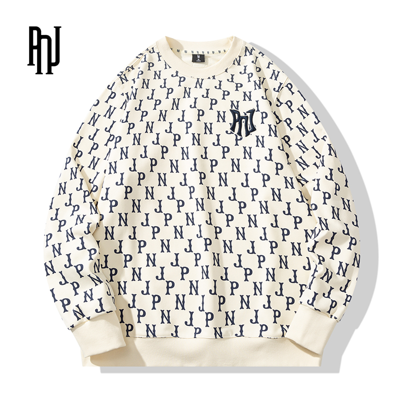 PNJ男女春季满印圆领情侣休闲美式长袖情侣款宽松卫衣印花宽松