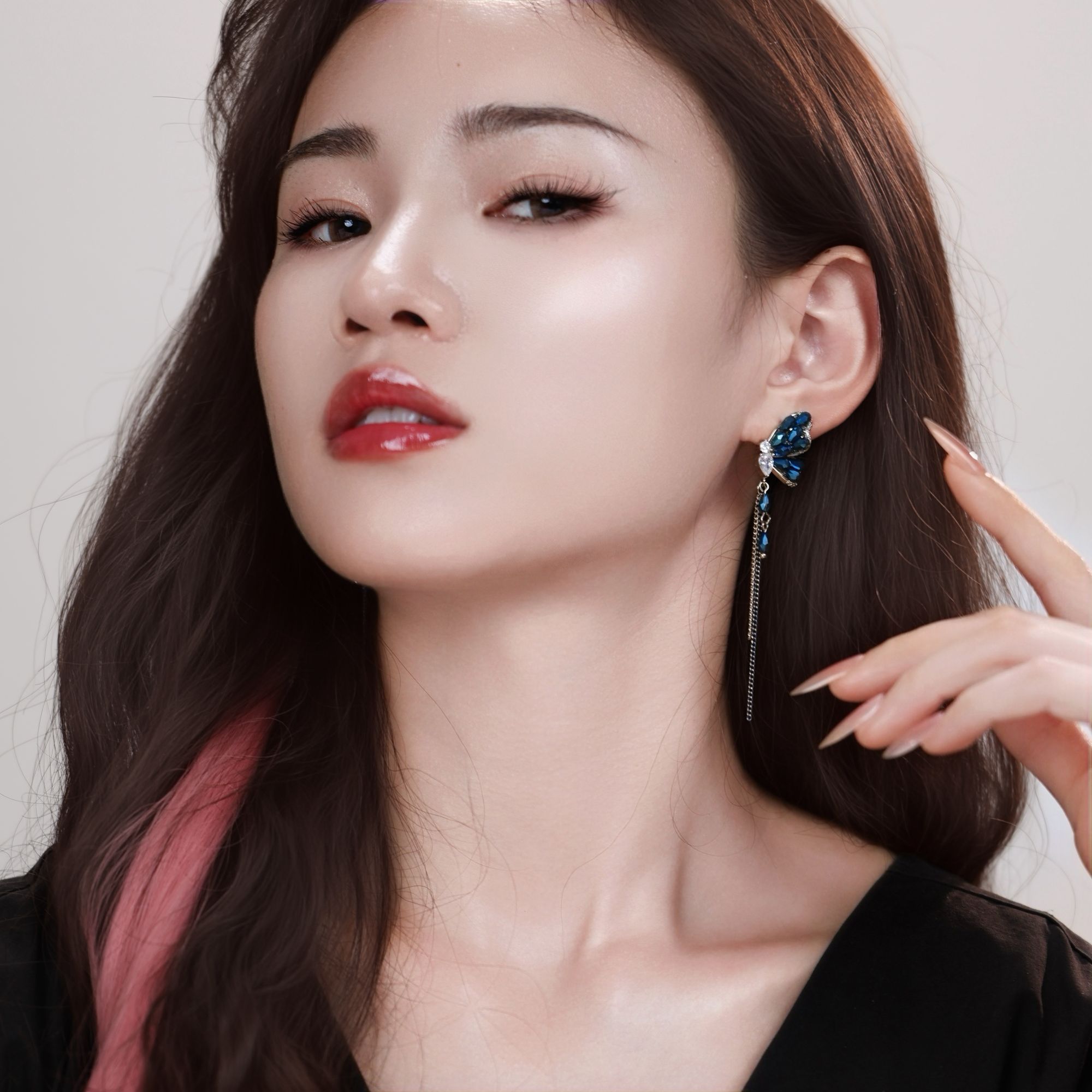 铜合金锆石耳饰 蓝色蝴蝶耳饰手工气质时尚长款烧蓝轻奢超仙仙气