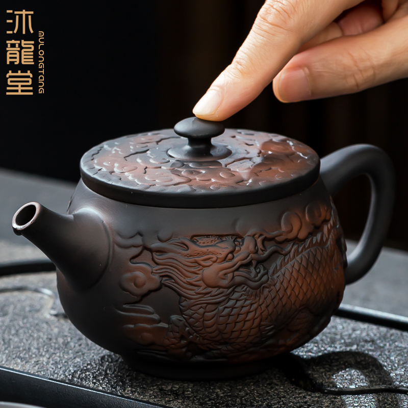 紫陶茶壶大容量泡茶壶手工复古家用陶瓷功夫茶具高档中式浮雕单壶