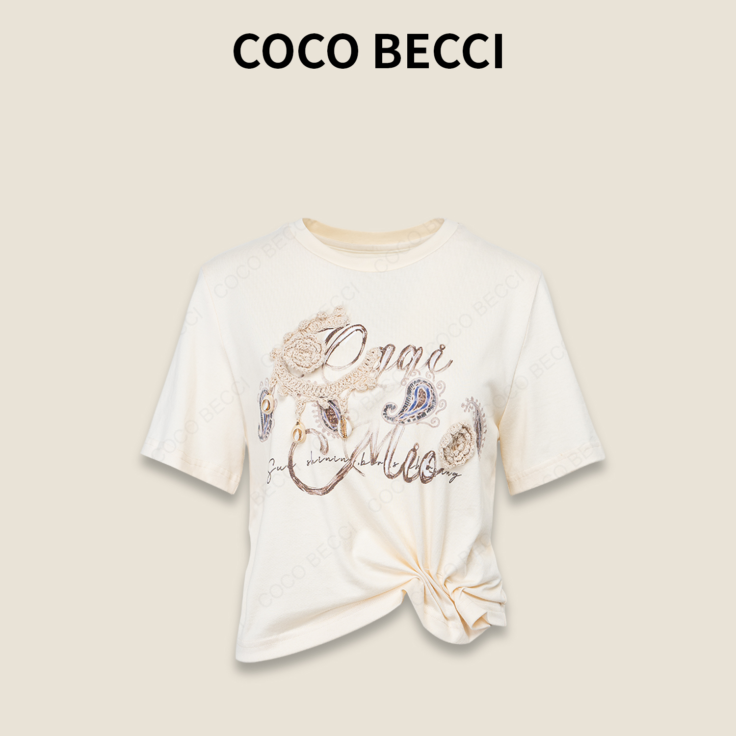 COCO BECCI【腰果花捏褶T】100棉时尚休闲印花短袖T恤CFXYSU24A0004