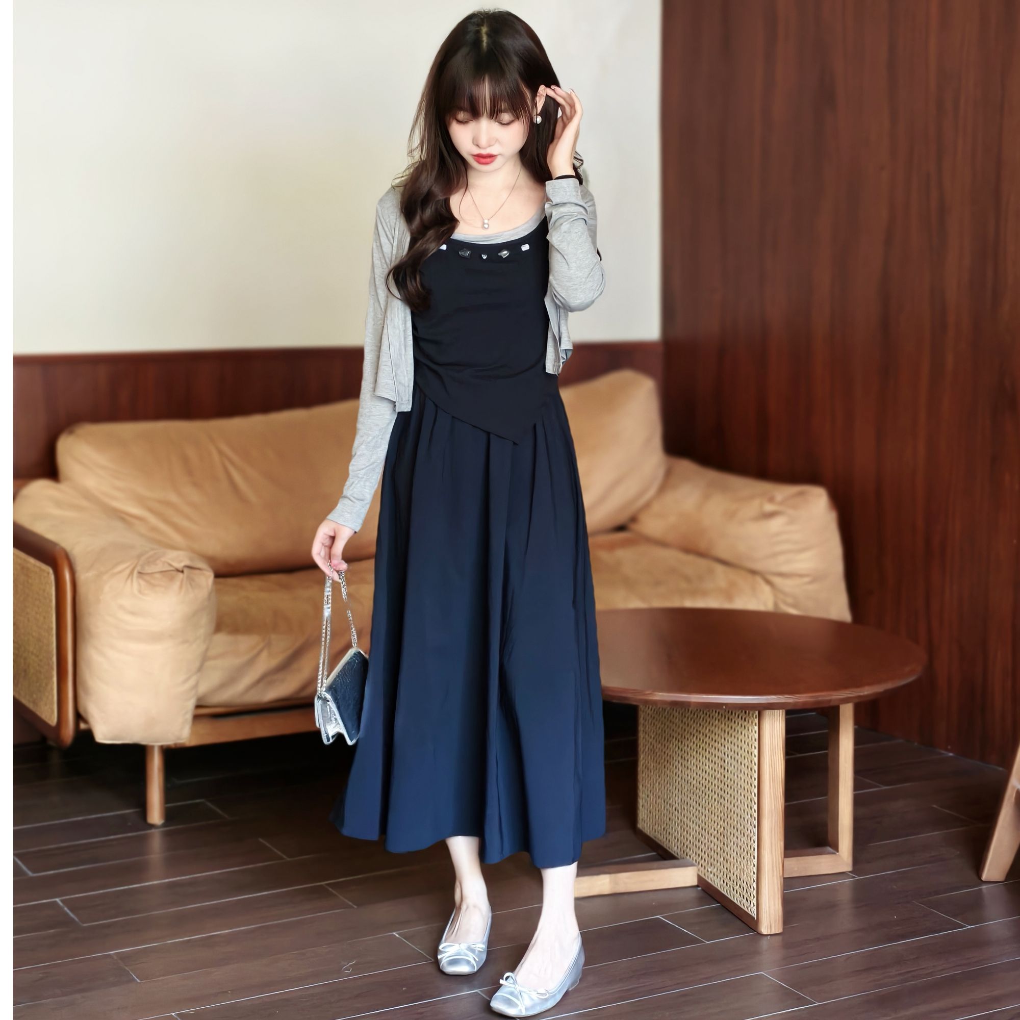 西米家【城市剪影】小个子假两件拼接吊带裙子+开衫两件套女2168#