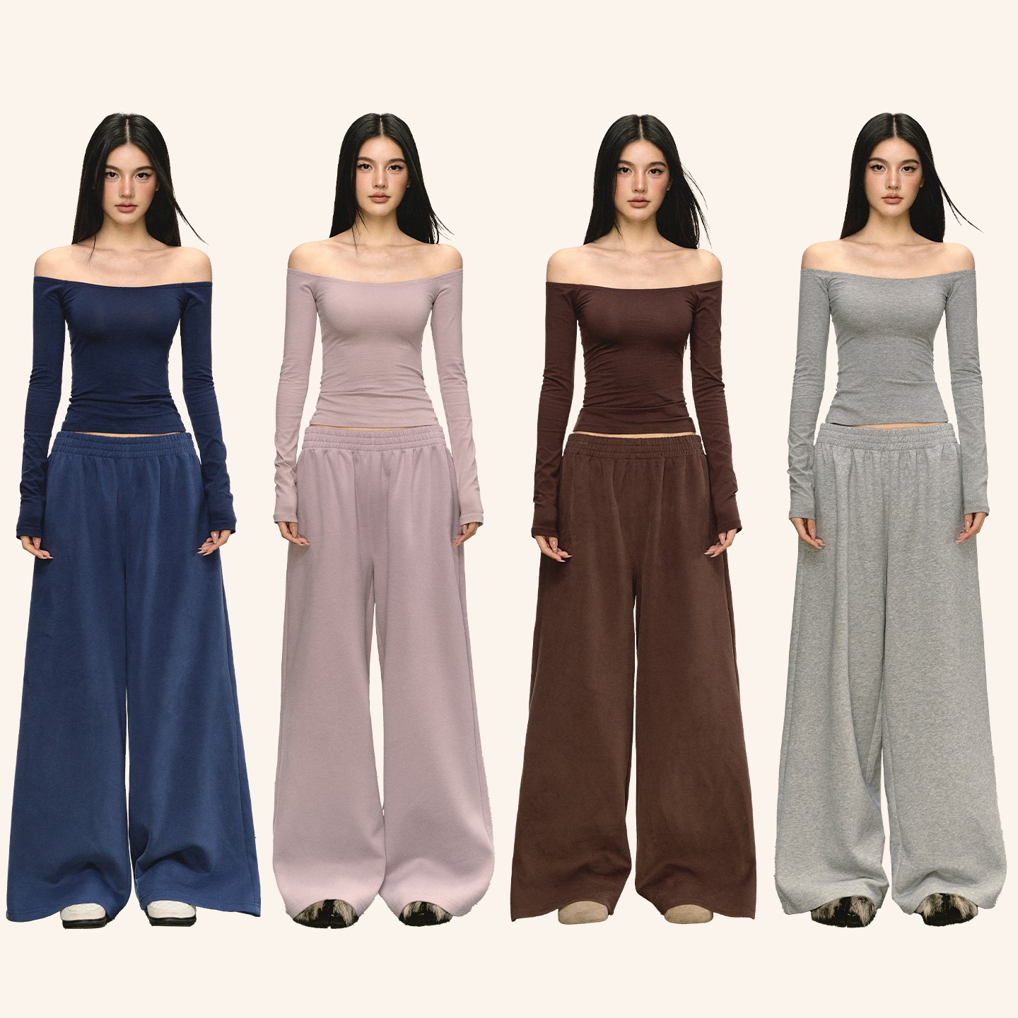 anna aneae秋冬休闲套装女慵懒纯色露肩长袖针织打底衫卫裤两件套