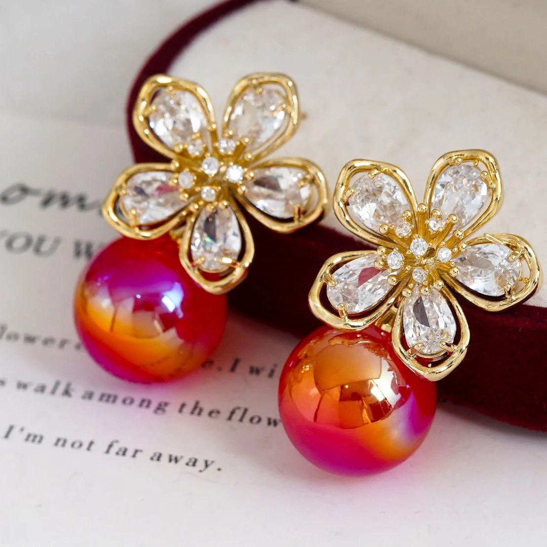 铜合金锆石耳饰 铜合金锆石耳饰花卉拼色日韩风时尚气质
