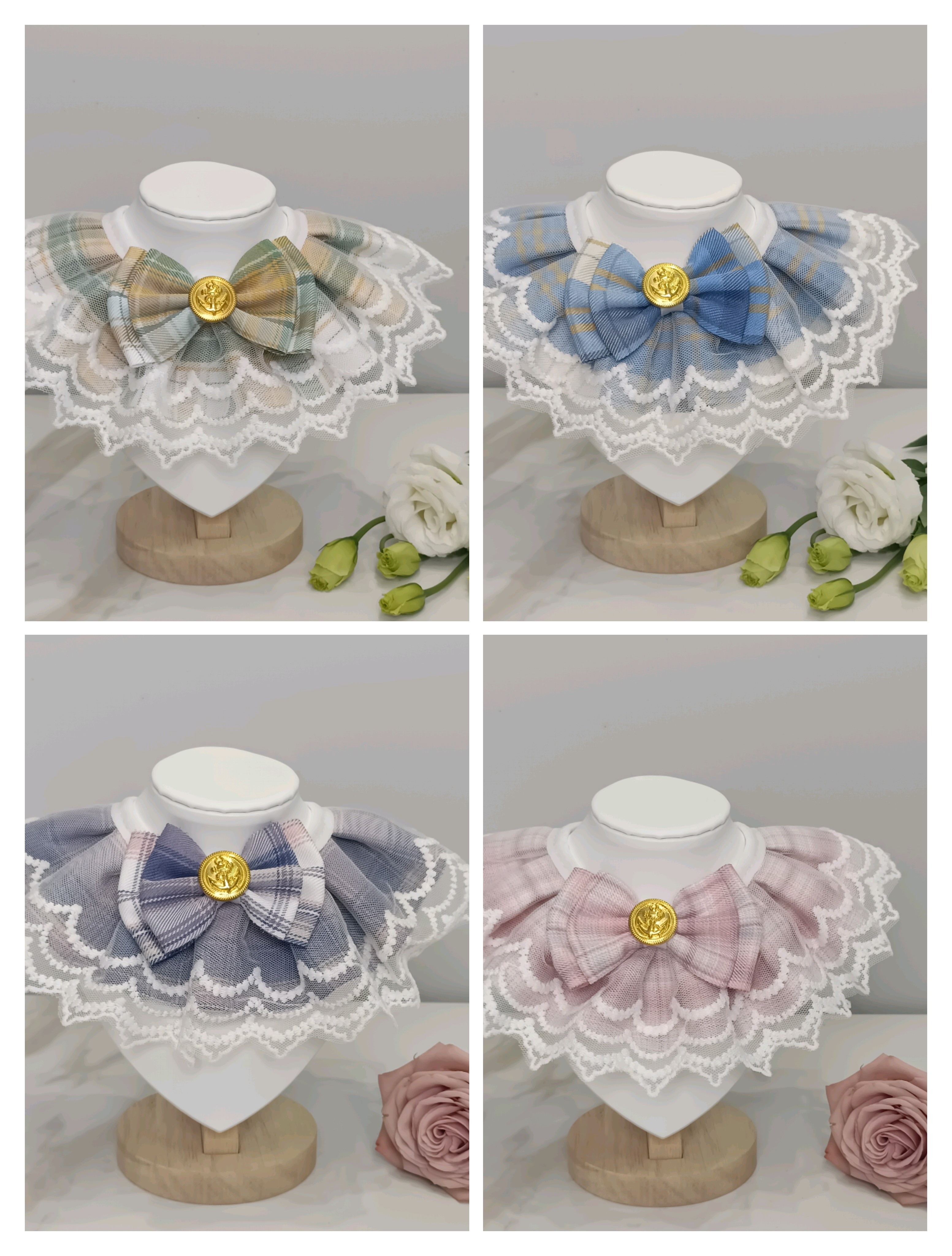 jk格纹蕾丝蝴蝶结宠物围脖口水巾｜猫狗学院风精致穿搭 猫狗礼物