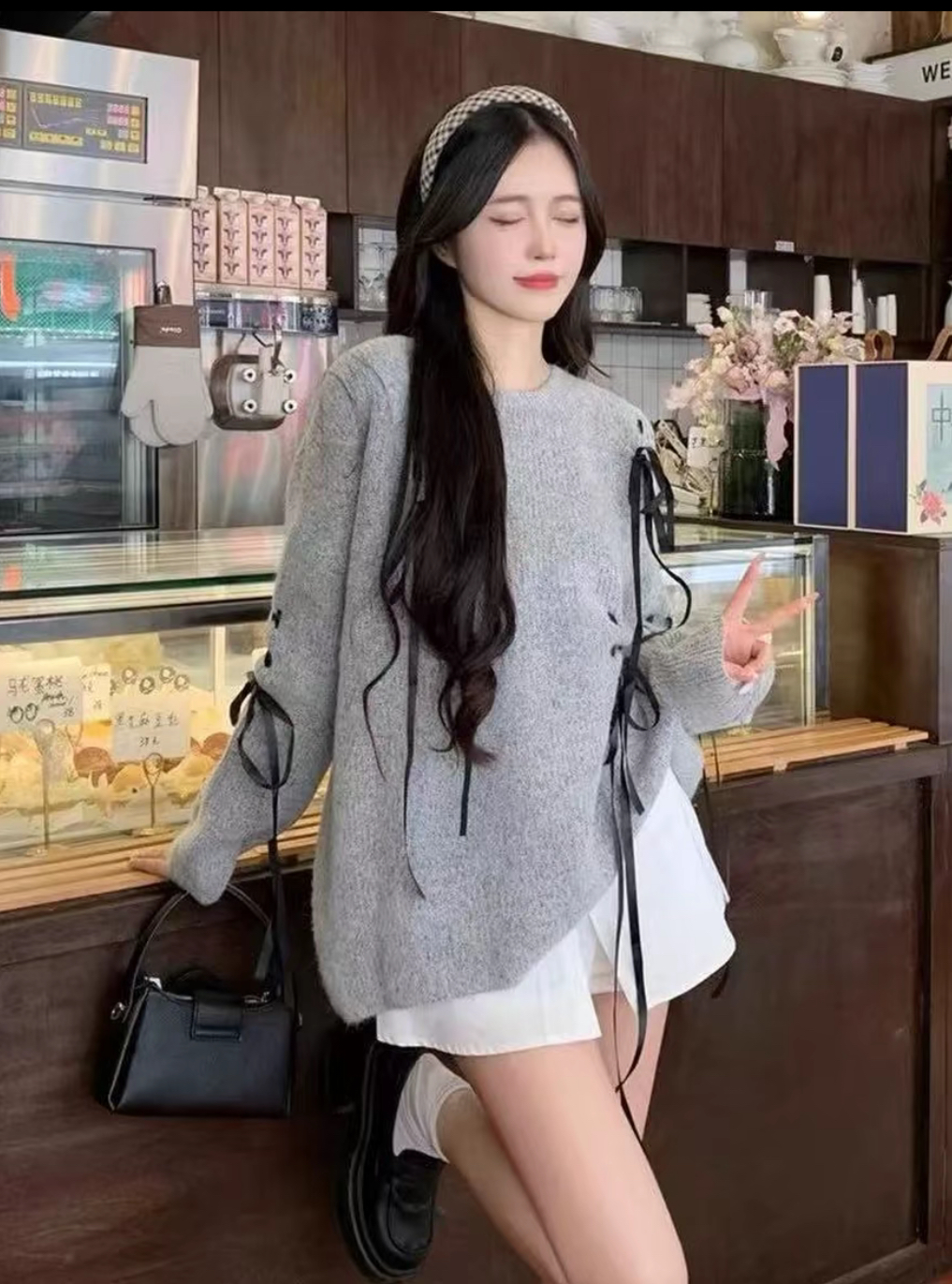 秋冬慵懒宽松针织圆领纯色蝴蝶结绑带