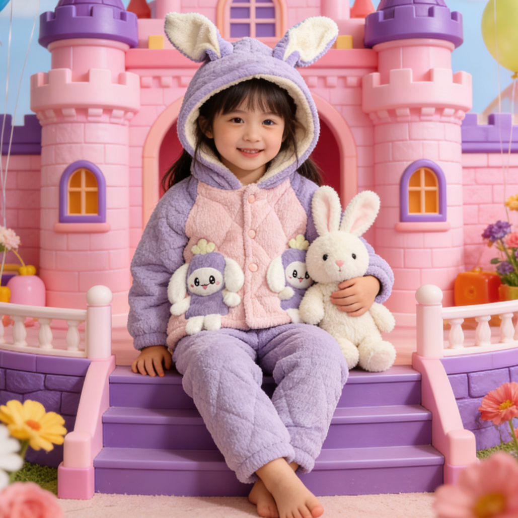 女童女宝三层夹棉法兰绒冬季加绒加厚卡通连帽家居服睡衣套装保暖