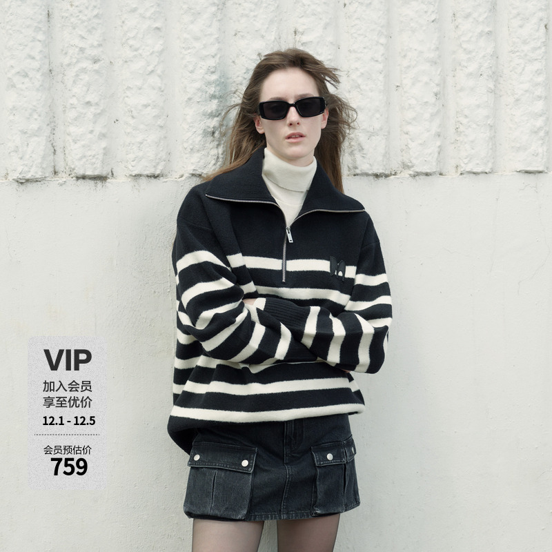 MOCO秋冬百搭休闲宽松半拉链大翻领经典条纹防寒毛衣MBC4SWTT03