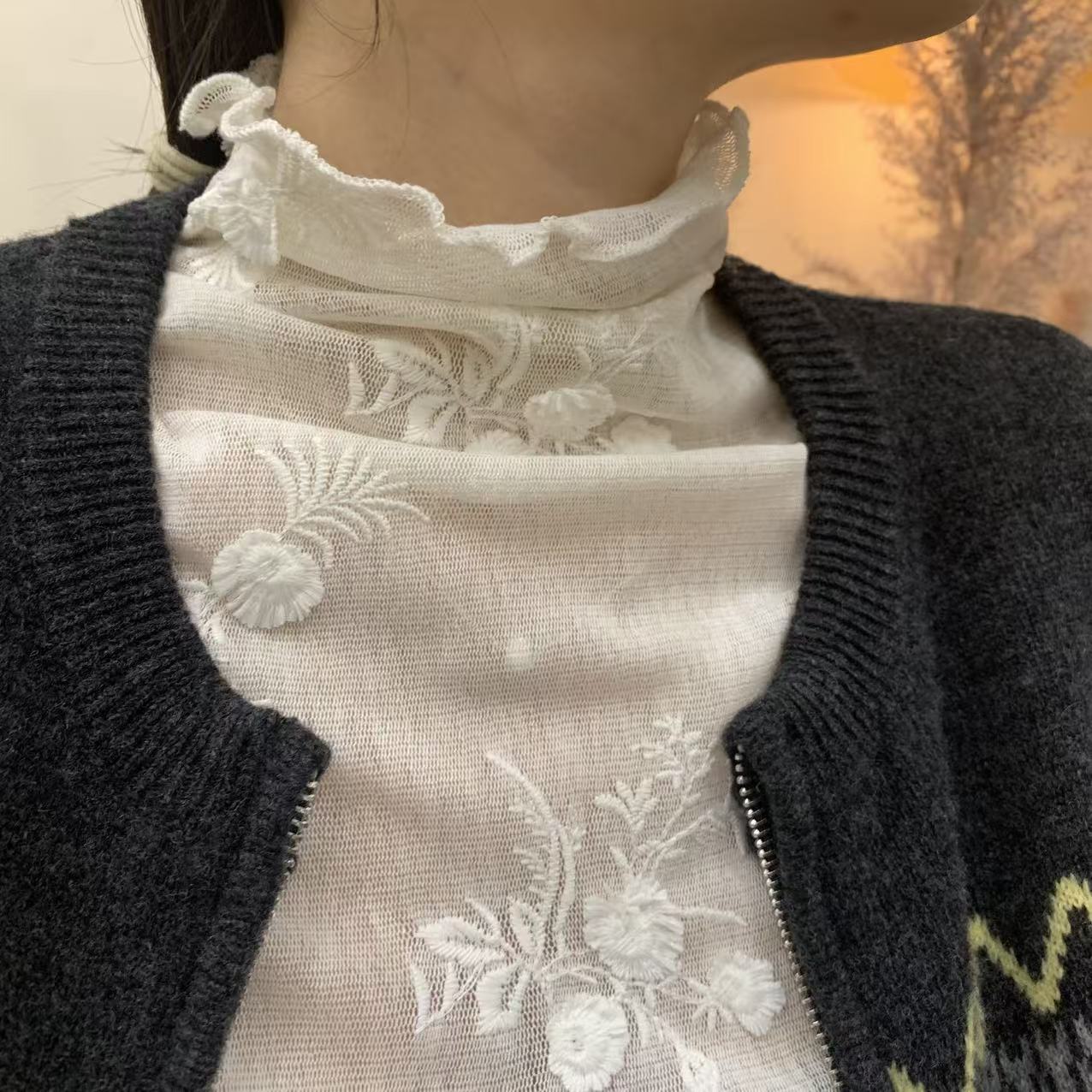 the white｜正品韩代「那白家」蕾丝打底时尚百搭半高领堆堆领镂空