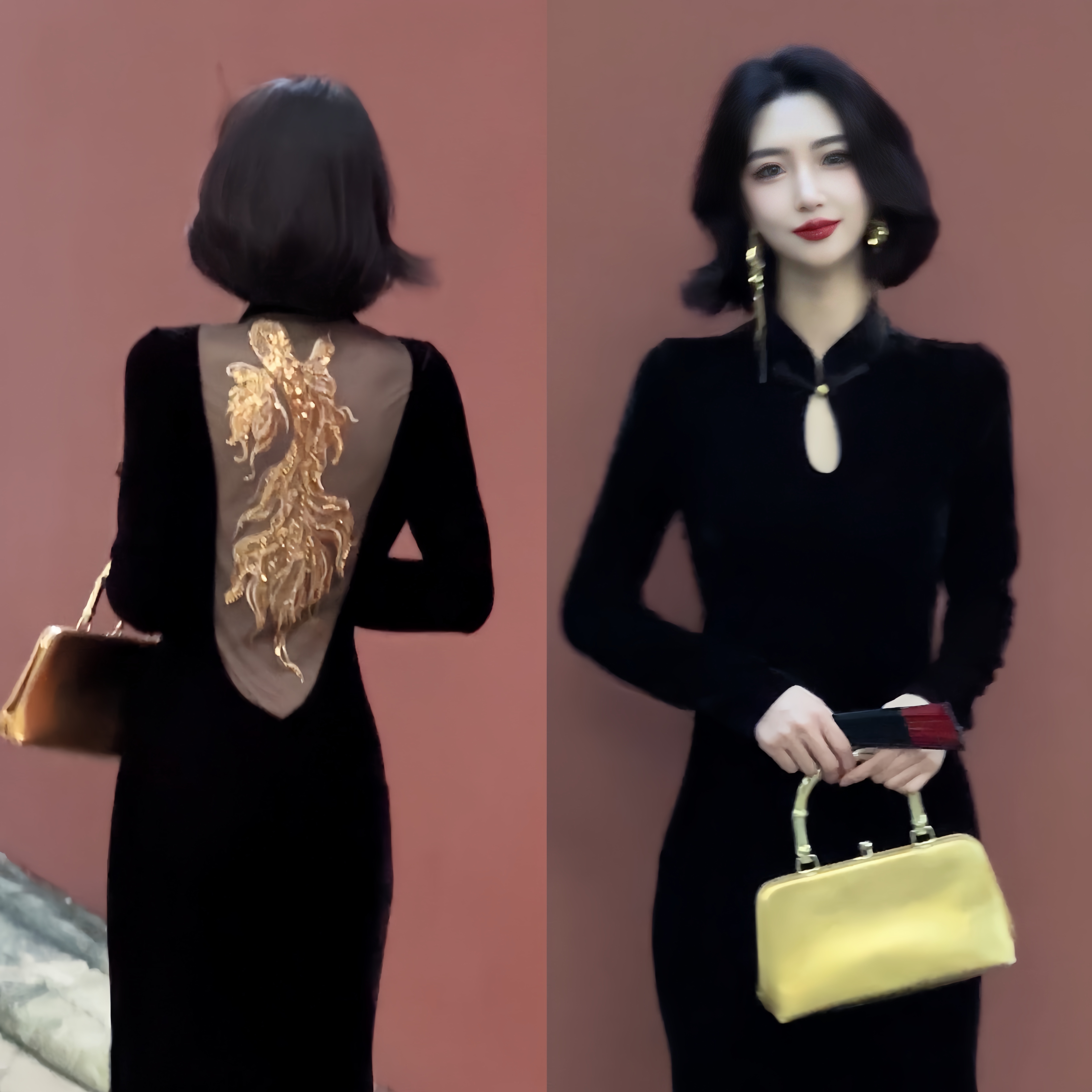 【大晶定制】“东方锦鲤”T新款国风假透肤优雅修身长袖复古旗袍DJ297