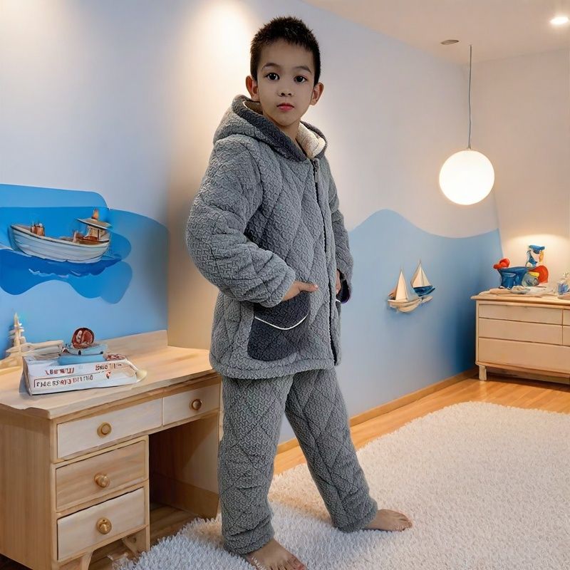 法兰绒男童睡衣冬季三层套装夹棉加厚加绒珊瑚保暖宝宝家居服17