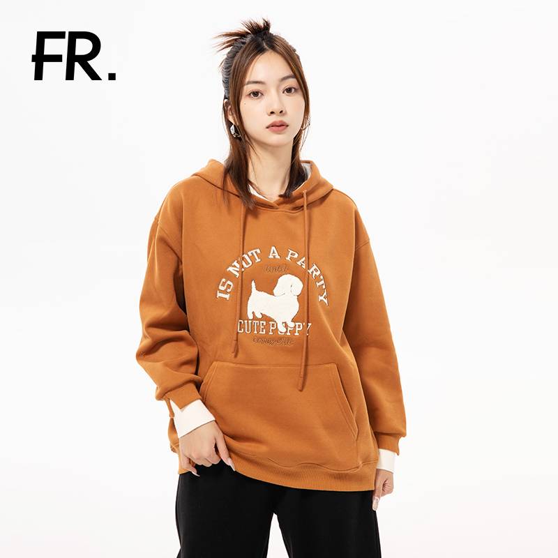 凡人优品女装连帽加绒加厚时尚刺绣宽松卫衣W275