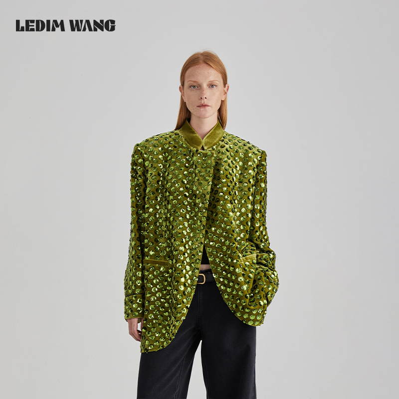 LEDIM WANG新中式丝绒亮片西装外套女小众设计高级感气质绿色西服