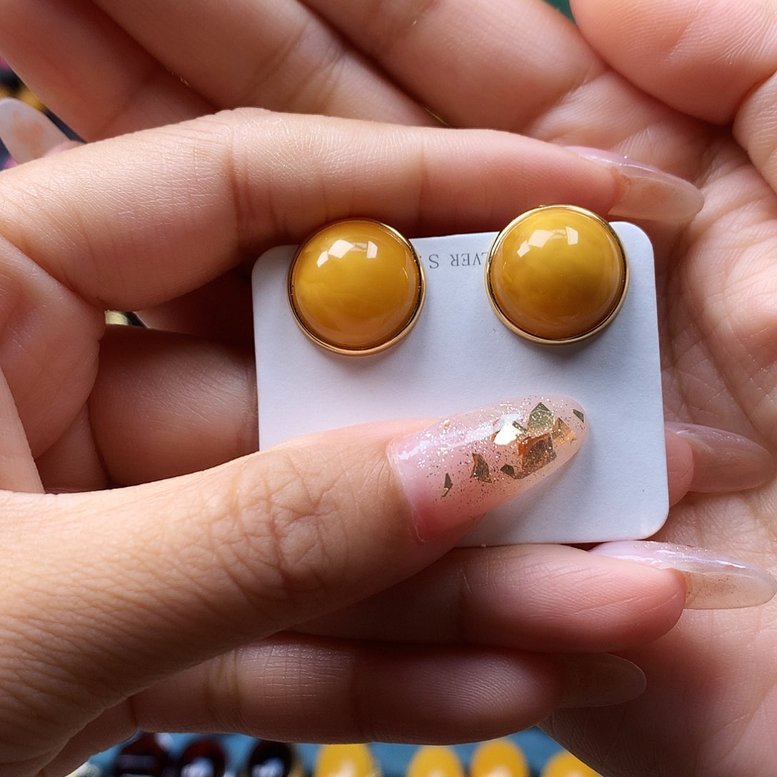 银S925镶嵌蜜蜡耳饰耳钉