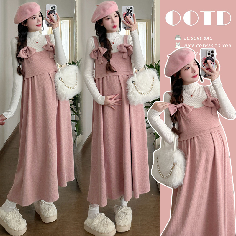 {糕糕}孕妇装2025秋冬新款韩系蝴蝶结背带裙软糯打底衫两件套套装