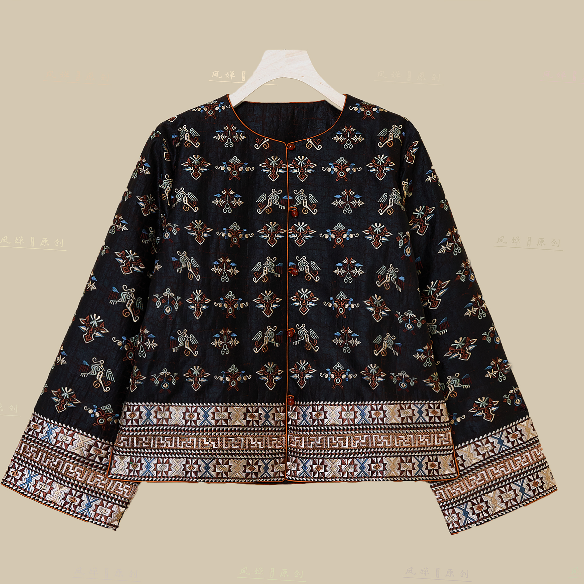 凤婵·原创 凤语云裳彝绣工艺 中式国风万针刺绣时尚香云纱短外套