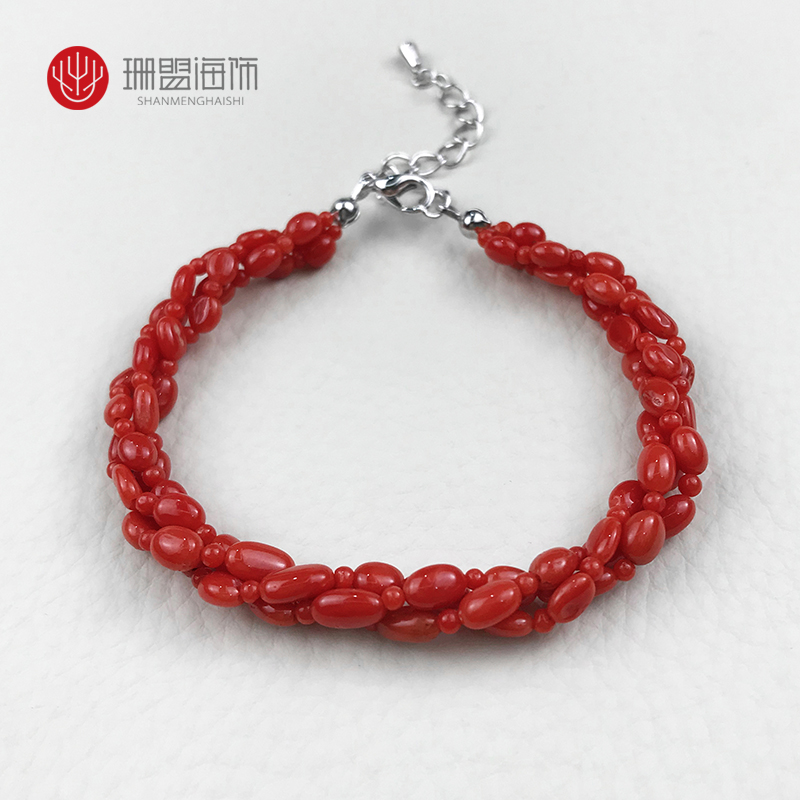 红珊瑚手串沙丁三股米珠圆珠珊瑚手链天然宝石珊瑚
