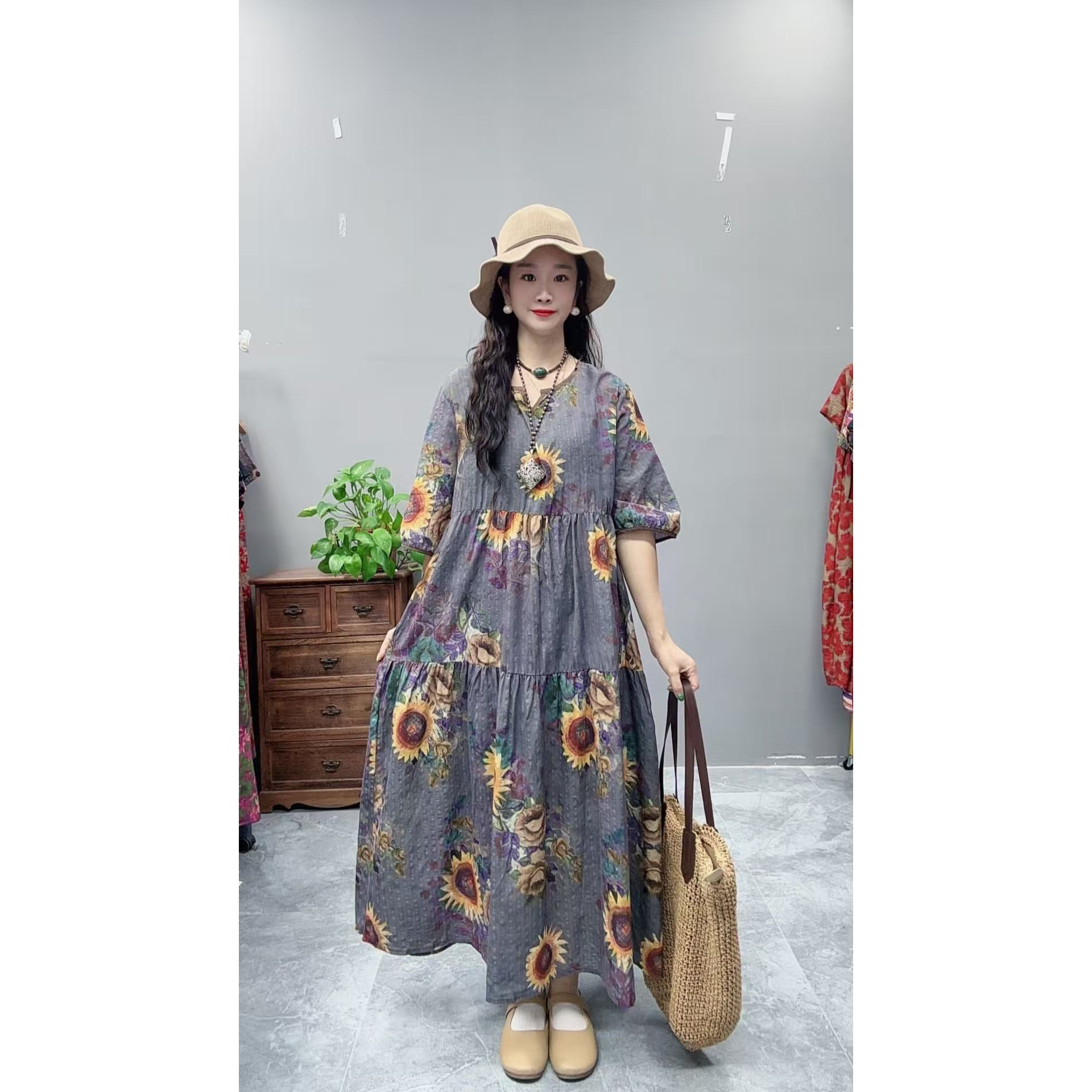 5115夏季新款显瘦气质时尚女百搭休闲文艺复古印花洋气宽松连衣裙