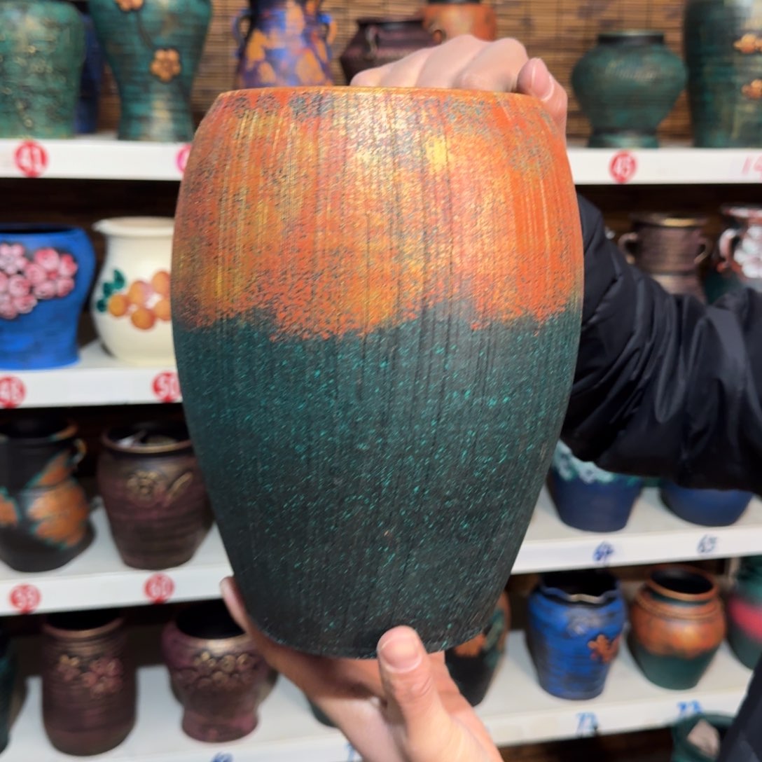 红陶红陶浮雕花盆炸炸炸