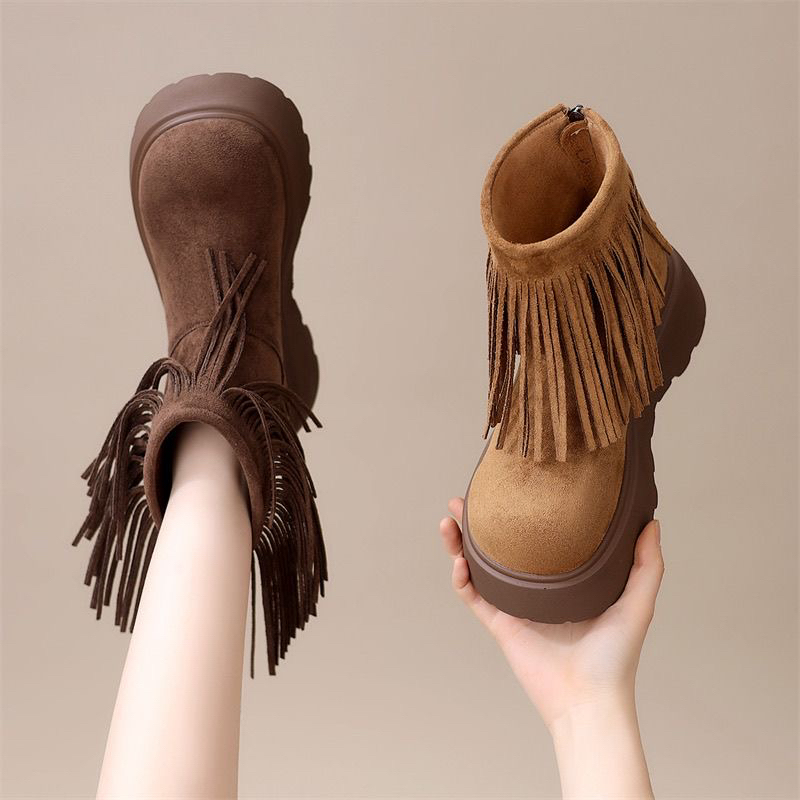 高端翻毛皮厚底后拉链增高短靴女款2025新款秋冬流苏勃肯马丁靴子