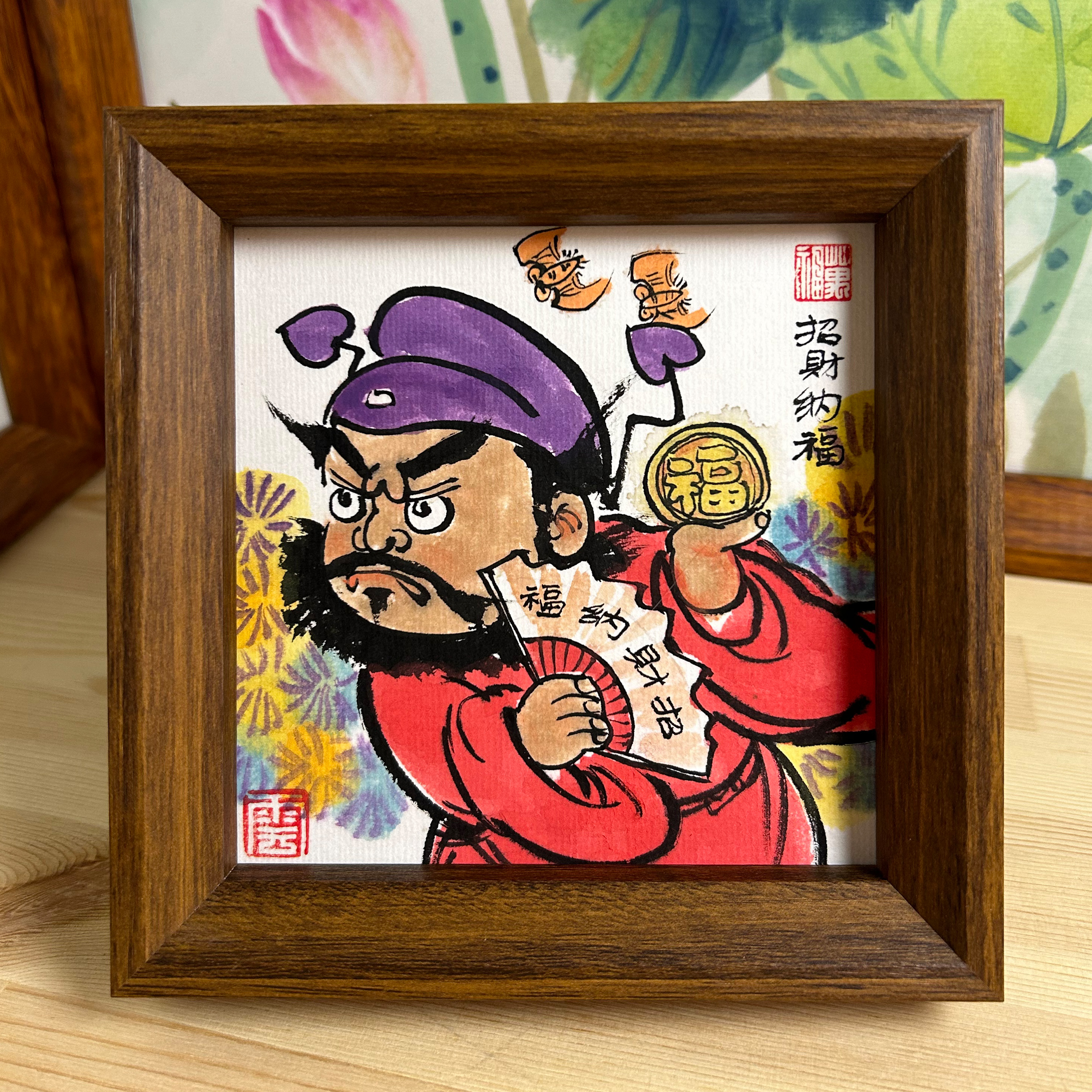 国风朱砂钟馗画像手绘镇邪桌面摆台新中式家居装饰画卡通可爱手画