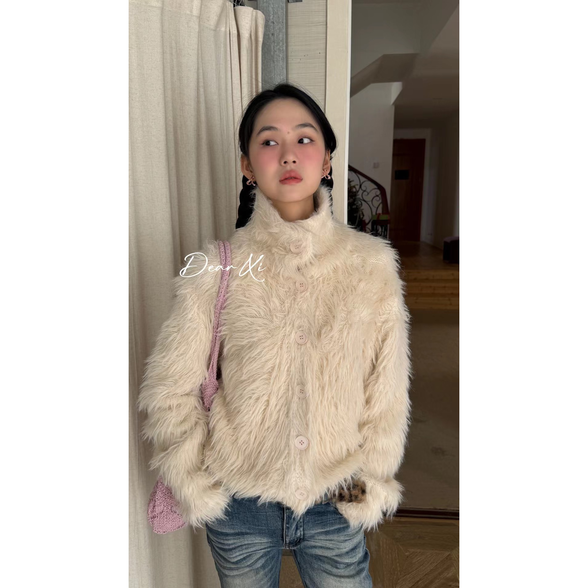 大喜（1dx5217#）毛绒绒-长毛绒温柔立领单排扣长袖毛衣12-9