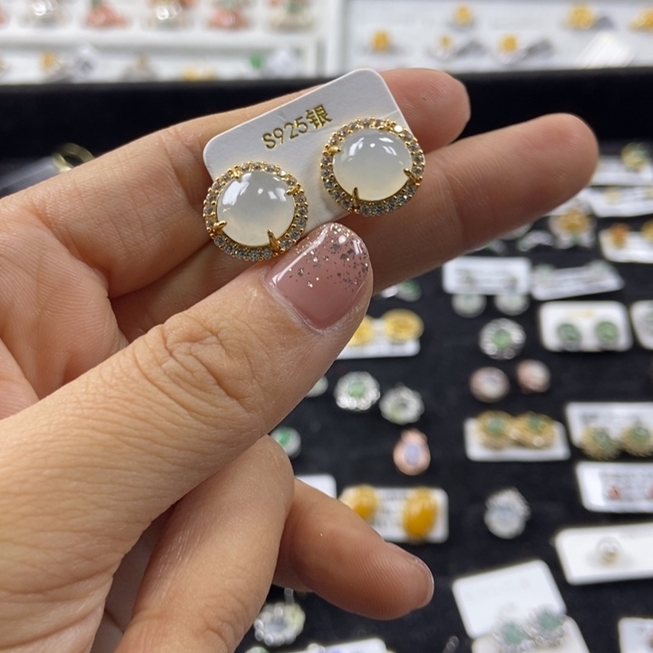 翡翠耳饰银S925镶嵌耳钉