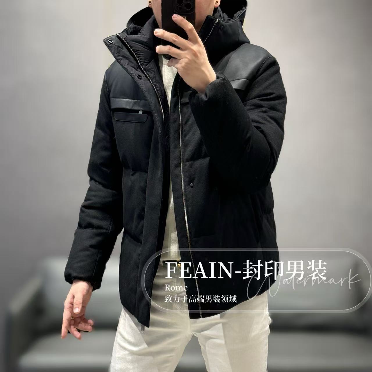 【鹅绒拼真皮】高端男士羊毛混纺鹅绒拼绵羊皮一手长羽绒服77825