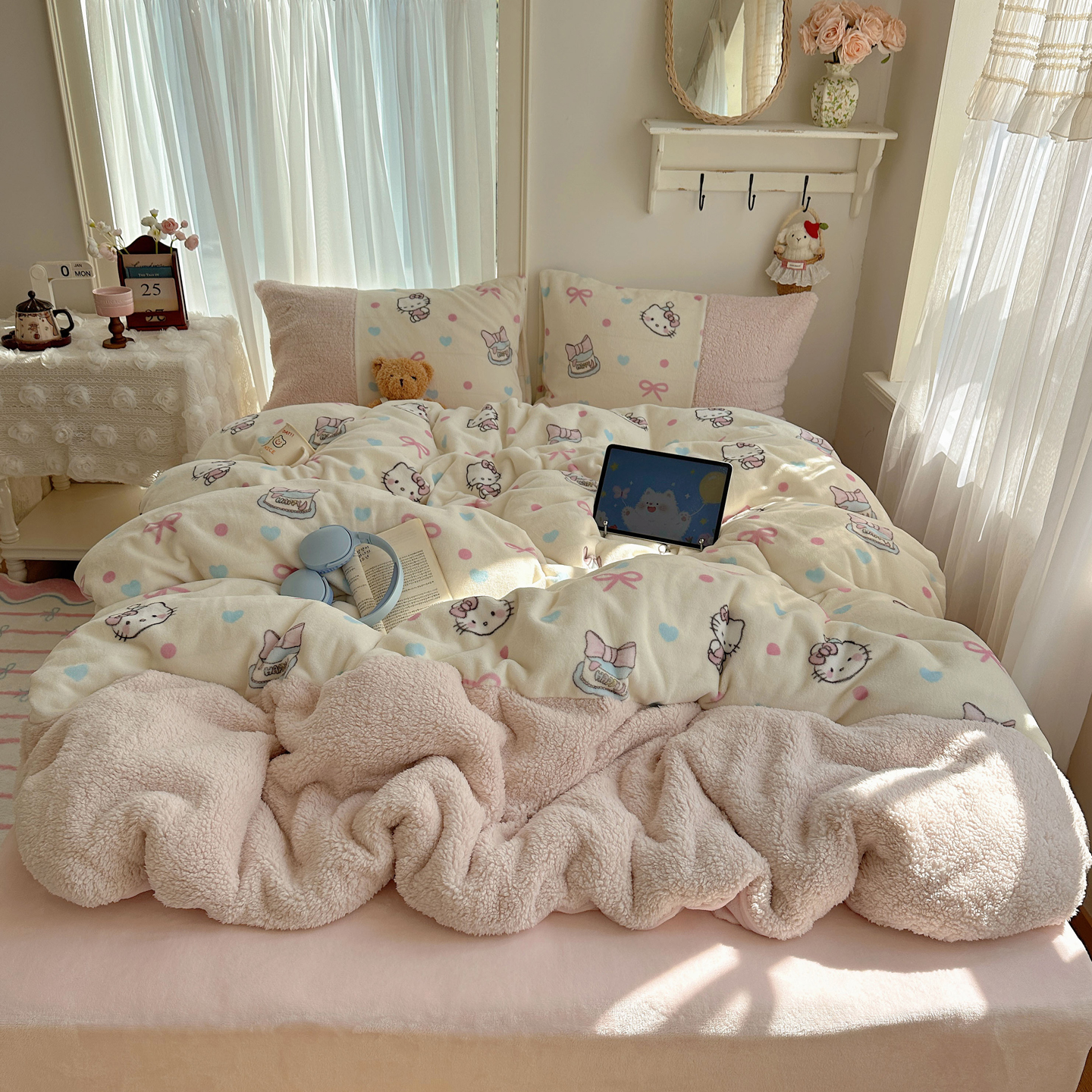 羊羔绒拼接牛奶绒四件套保暖冬季必备床品宿舍三件套加绒防静电