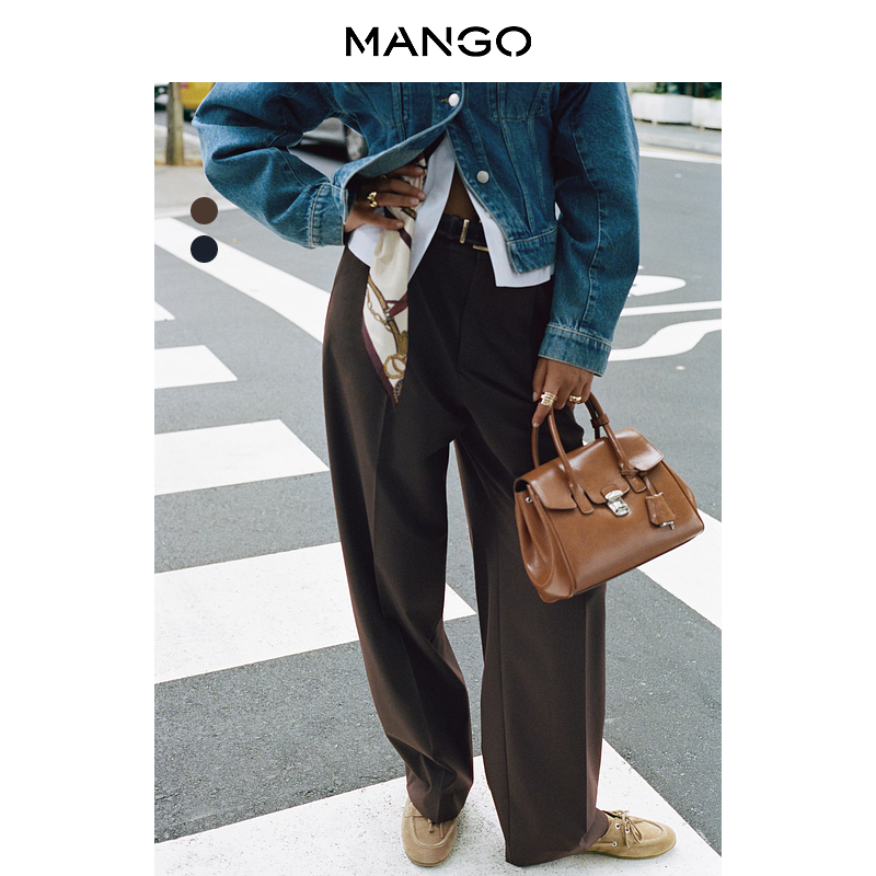 MANGO女装裤子2025秋装新款复古巴恩风低腰休闲通勤拖地西装裤