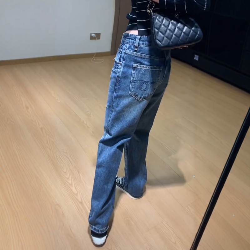 秋季新款极简风蓝色窄版牛仔阔腿裤大码女装高腰显瘦无弹直筒裤子