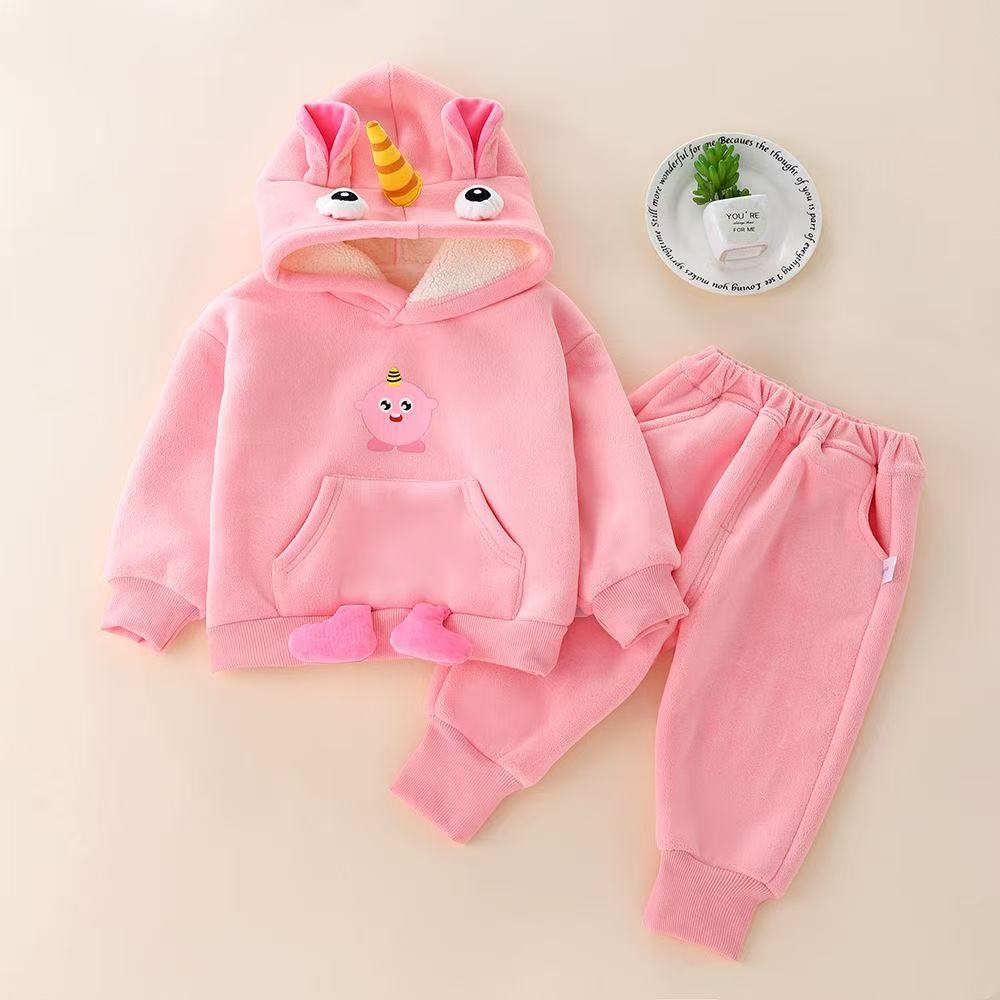 男女宝宝ins秋冬款趣味小怪兽加绒连帽卫衣两件套