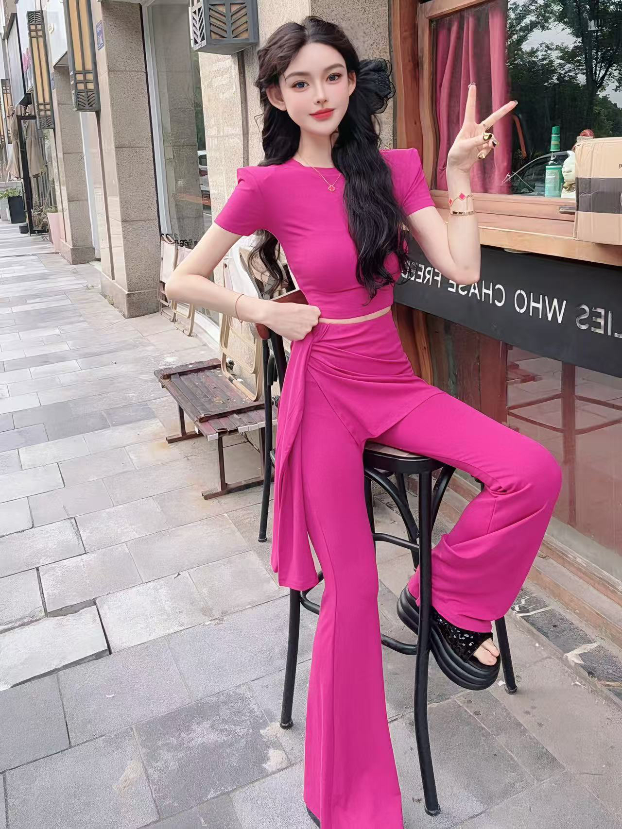 漂亮家「巨显身材」洋气时髦绑带假两件纯欲辣妹时尚套装9116