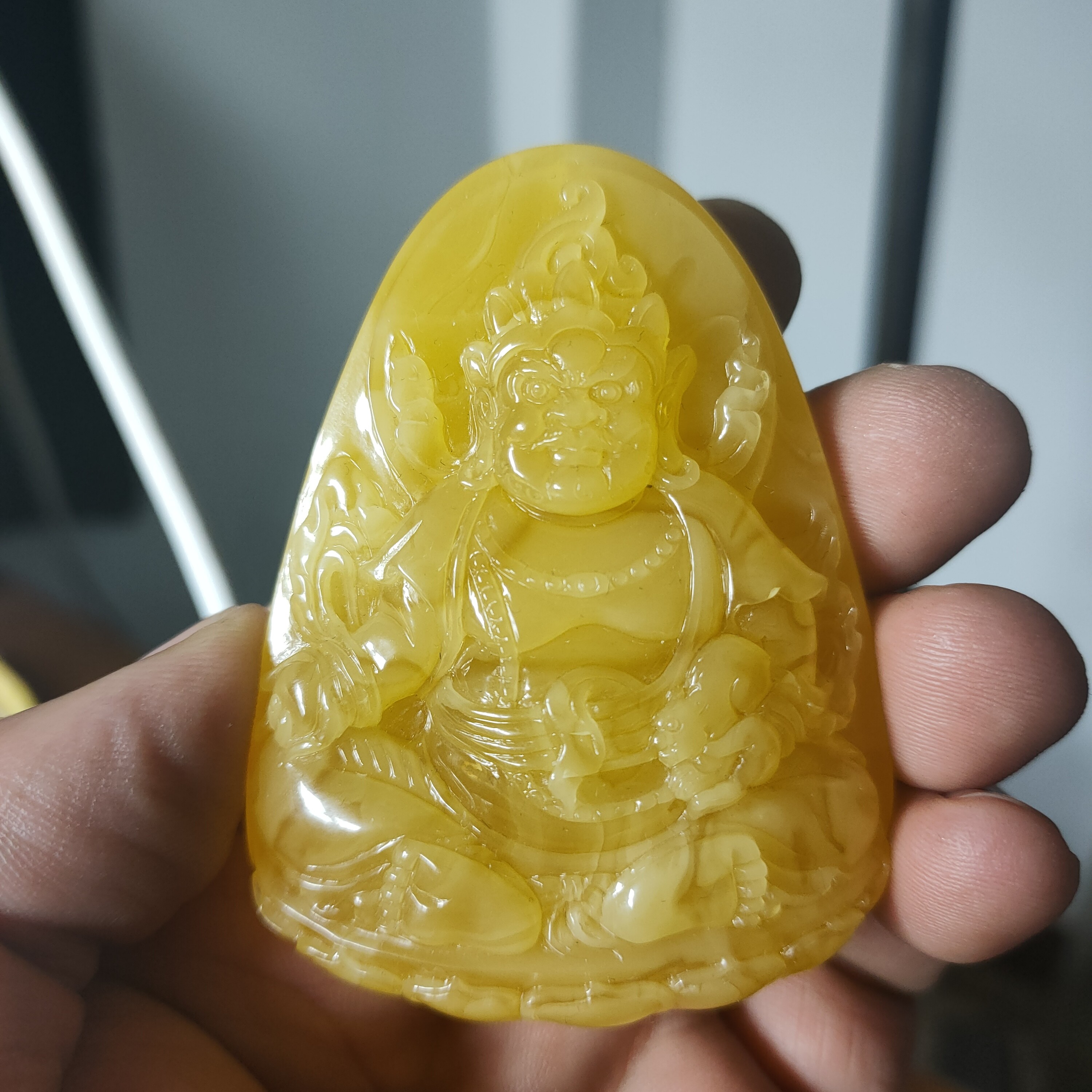 天然蜜蜡刘柏清大师手工雕刻黄财神吊坠