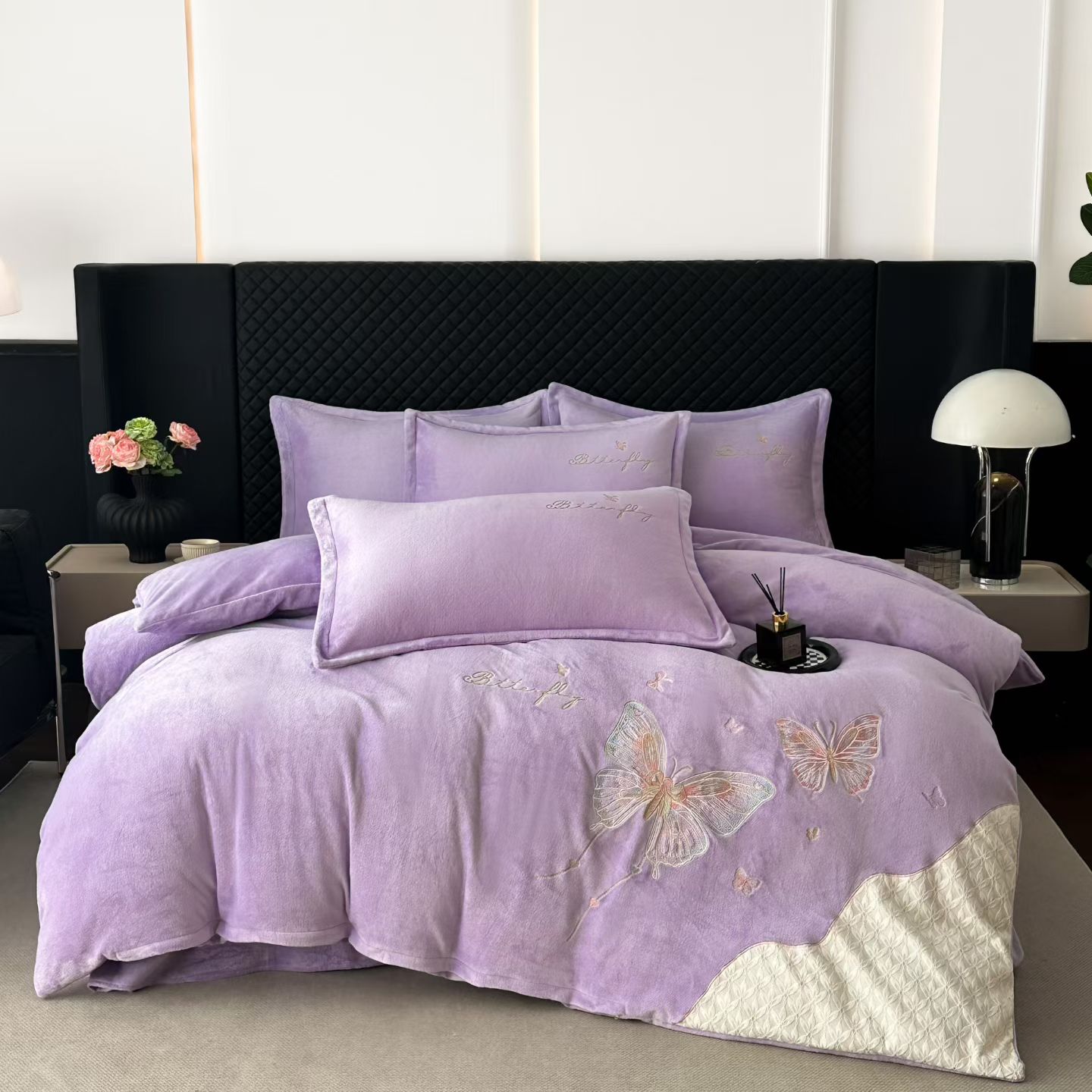【蝴蝶--紫色】蝴蝶刺绣加厚贴布绣牛奶绒四件套
