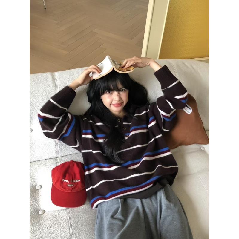 【清】复古撞色条纹毛衣女2025新款百搭韩系休闲减龄针织衫上衣A085