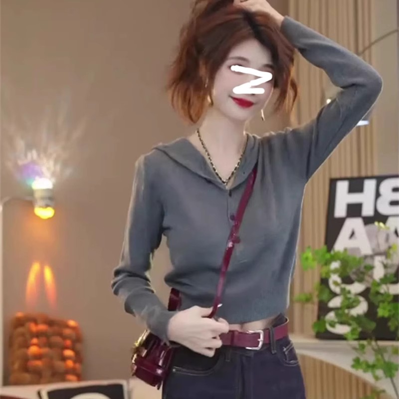 韩版小个子短款连帽长袖针织衫女秋季新款百搭套头毛衣打底衫上衣