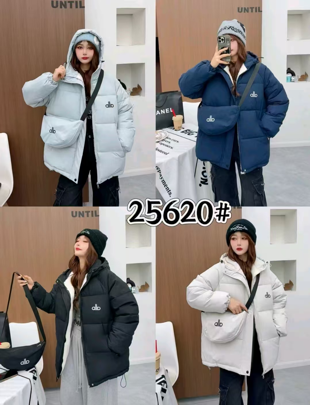 25620款字母allo刺绣棉服+包包两件套秋冬潮流连帽外套保暖上衣X