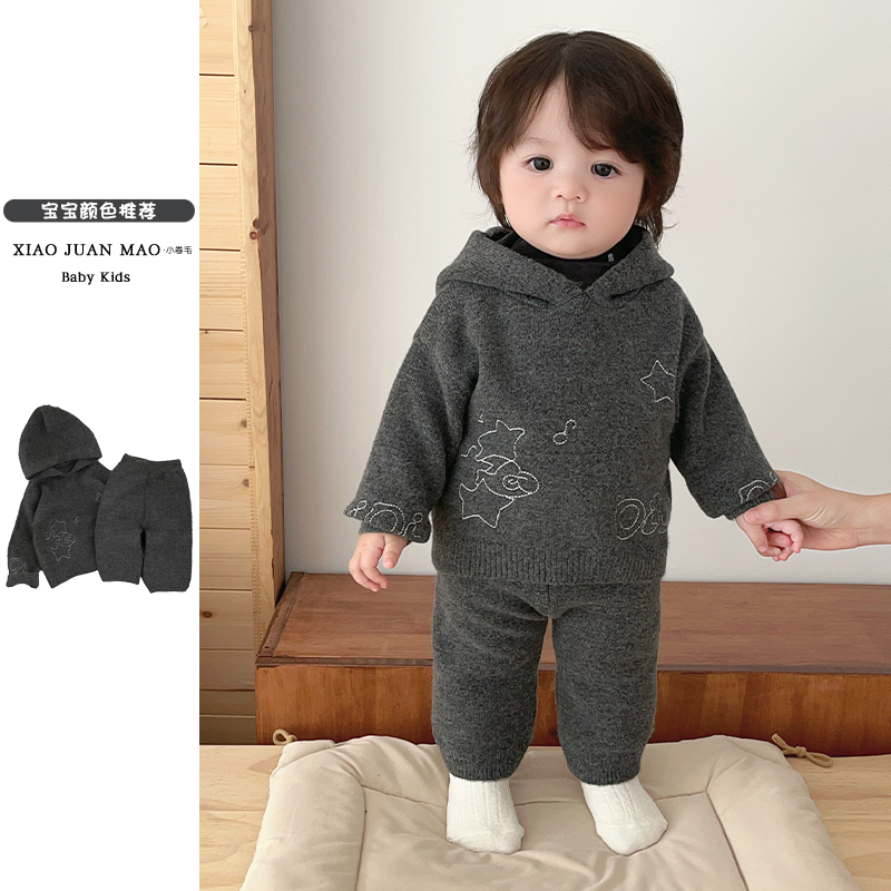 T25D170 新款秋冬厚男女宝宝衣服痞帅炸街长袖连帽针织毛衣套装潮