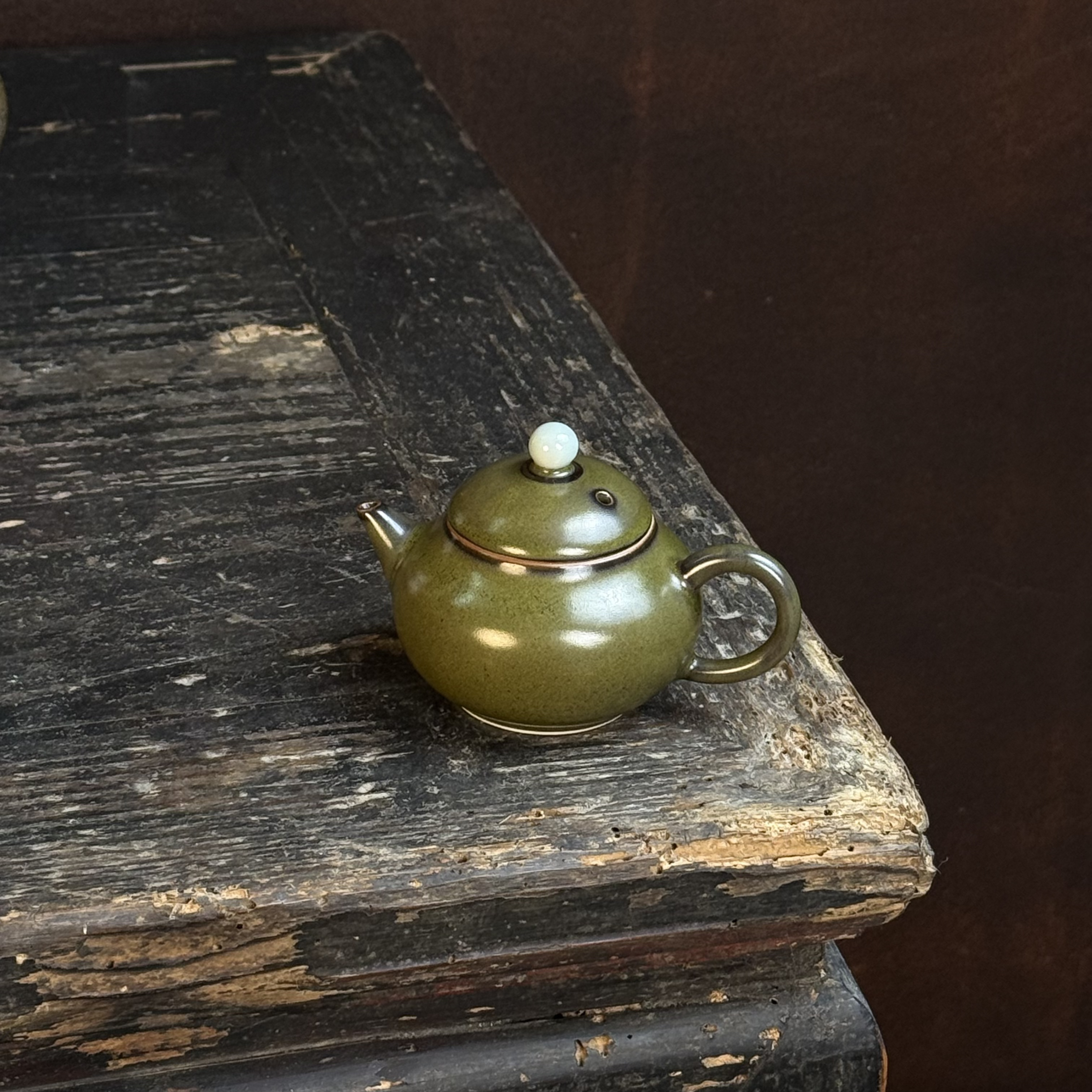 茶叶末梨形壶中式茶壶复古陶瓷茶壶精致一人饮绿色茶壶容量80cc